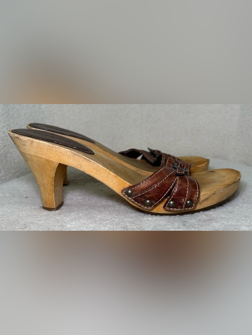 Vintage Y2K Xhilaration Wooden Heels Slides Brown Leather Bohemian Club Trendy 9